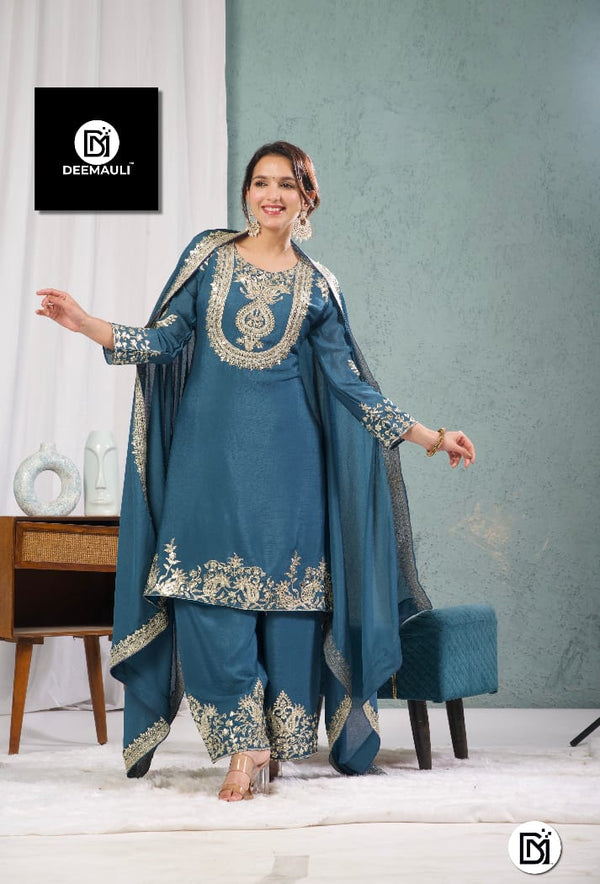 Pure Heavy Chinnon Silk With Heavy Embroidery Coding Sequence Work With Full Embroidery Sleeve