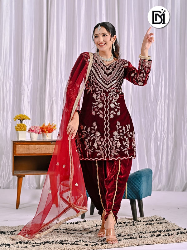 Women’s Designer Party Wear Velvet Top, Dhoti Salwar & Dupatta Set | Heavy Embroidered Viscous Velvet | Maroon/Burgundy Ethnic Festive Outfit