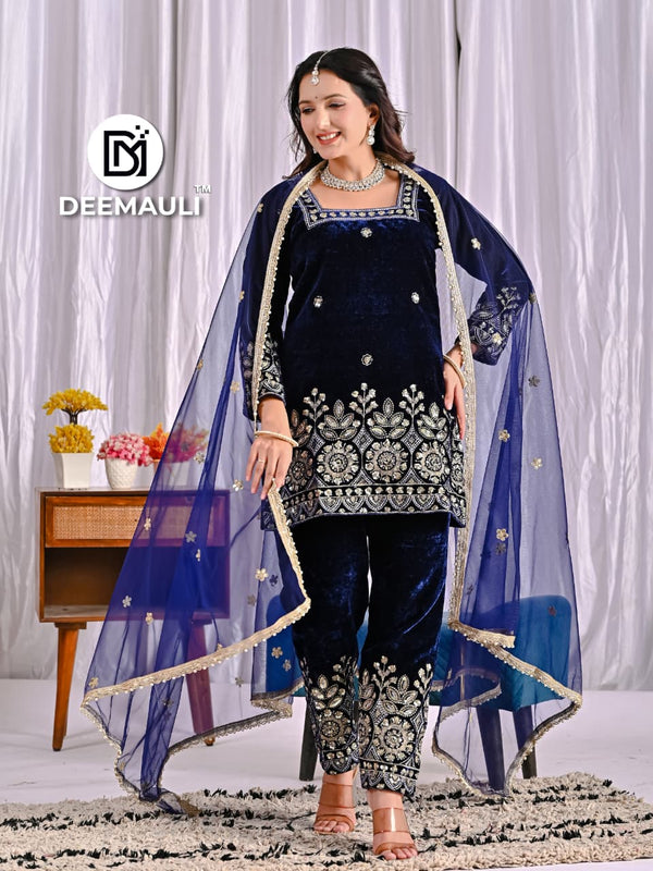 Designer Party Wear Women’s Velvet Embroidered Suit Set – Navy Blue | Heavy Viscose Velvet Top & Pant (Fully Stitched) with Butterfly Net Embroidered Dupatta | Premium Festive/Ethnic Outfit