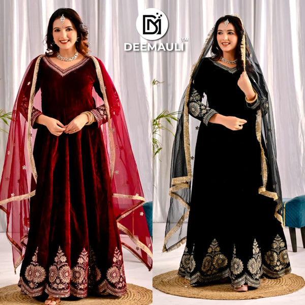 Designer Heavy Velvet Anarkali Suit for Women – Full Sleeves, Multi-Sequence Embroidery Work | Deep Maroon & Black | Pure Viscous Velvet Anarkali with Micro Cotton Inner, Heavy Micro Cotton Silk Pant & Butterfly Net Dupatta