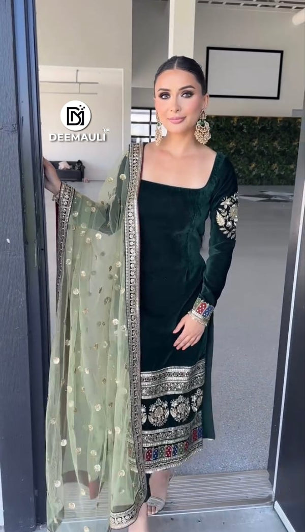 New Party Wear Deep Dark Green Viscose Velvet Designer Top-Dupatta Set with Fully Stitched Micro Crepe Silk Bottom | Heavy Embroidery & Sequins Work | Women’s Festive Outfit