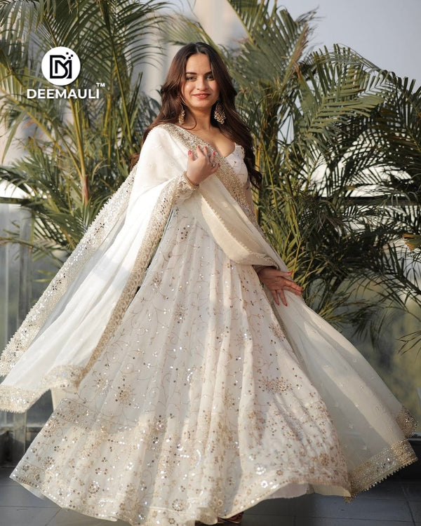 Women’s Ethnic Anarkali Gown Set – Fully Stitched Heavy Faux Georgette Anarkali with Embroidery Sequence Work, Lace Border & Dupatta | White Anarkali Gown for Women