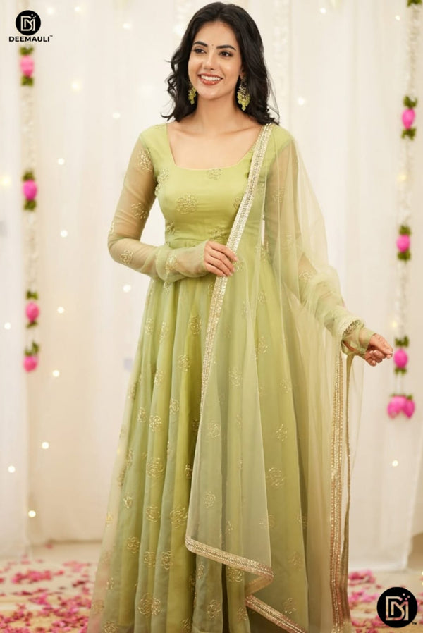 New Designer Anarkali Suit for Women – Tabby Organza Fabric, Fully Sleeved, Beads & Embroidery Work, Micro Cotton Inner – Party Wear Ethnic Dress (Light Green)