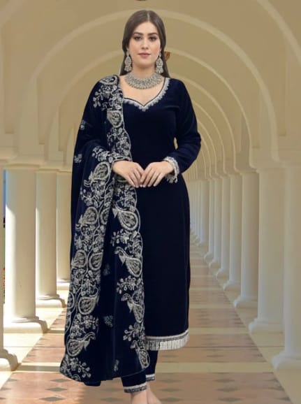 New Party Wear Navy Blue Viscose Velvet Designer Top–Dupatta Set with Fully Stitched Velvet Bottom | Heavy Embroidery & Sequins Work | Women’s Festive Wear Outfit |