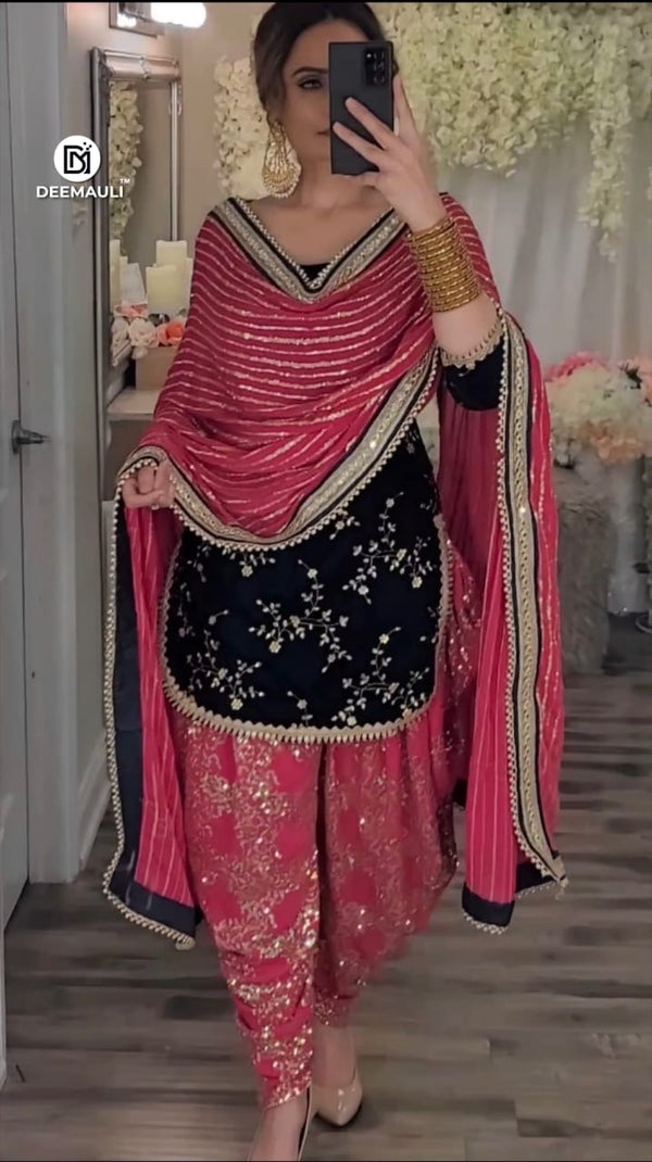 Women’s Designer Party Wear Velvet Top with Heavy Embroidery + Faux Georgette Dhoti Salwar + Dupatta Set | 5mm Sequin Work | Fully Stitched | XL Size (Vibrant Yellow / Rani Pink / Turquoise Blue)